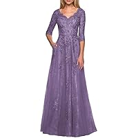 Women's Lace Applique Mother of The Bride Dress Tulle with Sleeves Evening Formal Gowns