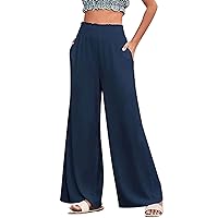 Linen Pants Women Comfy Baggy Wide Leg Pants Summer Flowy Smocked High Waisted Palazzo Beach Pants Trousers with Pockets