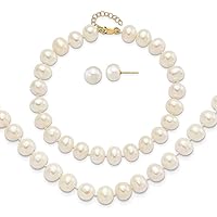 14k Gold 8 9mm Near Rnd Fwc Pearl Earrings With 1inch Ext Bracelet W/2in Necklace Set Jewelry for Women