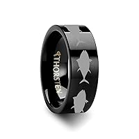 Rings Tuna Fish Black Polished Finish Flat Tungsten Carbide Wedding Ring with Matte Gray Engraved Jumping Sea Print Pattern Comfort Fit Durable Wedding Band - 4mm to 12mm