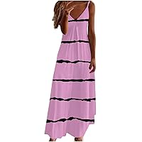 Women Stripe Print Spaghetti Strap Maxi Dress Summer Sleeveless V Neck Fashion Casual Tunic Sundress for Going Out