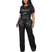 LROSEY Women's Two-Piece Sequin-Embellished Set with Short Sleeve Top and Straight Pants