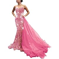 Sequin Prom Dresses Long Mermaid with Detachable Train V-Neck Tight Fitted Sparkly Evening Gowns for Women