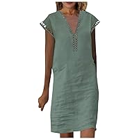 Women's Casual Cotton Linen Shirt Dress Short Sleeve Lace V Neck Summer Midi Dresses Casual Dresses for Women 2024