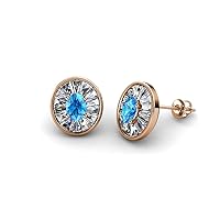 Oval Cut Blue Topaz & Baguette Natural Diamond 1.22 ctw Women Milgrain Halo Stud Earrings 14K Gold