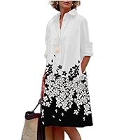 Women Long Sleeve Button Down Shirt Dress with Pockets Boho Print V Neck Loose Fit Casual Dresses for Curvy Women