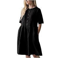 Womens Vintage Cotton Linen Dress Casual Summer Button Down Shirt Dress Half Sleeve Hide Belly Babydoll Sundress
