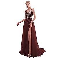Women Summer Beading Evening Dress V-Neck High Split Tulle Sweep Train Sleeveless Prom Gown A-line Lace Up Backless Dress