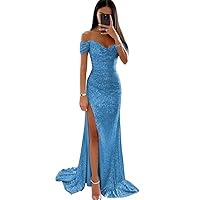 Off Shoulder Sequin Prom Dress Sparkly Mermaid Formal Party Dress with Split Long Evening Gowns for Women