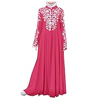 Muslim Women Hijab Long Sleeve Shift Holiday Tunic Dress Ladie's Beautiful College Soft V Neck Cotton Comfy Plain Button-Down Dress Hot Pink