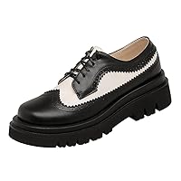 Women's Two Tone Oxfords Shoes Lace Up Wingtip Perforated Mid Heels Vintage Saddle Oxford Brogues