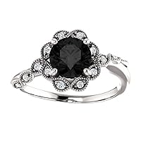 1.00 CT Vintage Floral Black Diamond Engagement Ring 14k White Gold, Antique Flower Natural Black Diamond Ring, Victorian Floral Black Diamond Ring, Awesome Ring For Her