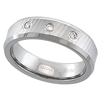 6mm Tungsten 3 Stone Diamond Wedding Ring for Him & Her Diamond Cut Beveled Comfort fit, sizes 4 to 9.5