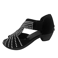 Sandals For Women Flip Flop Sandals Ladies Fashion Summer Retro Suede Rhinestone Decoration Open Toe Back Zipper Thick