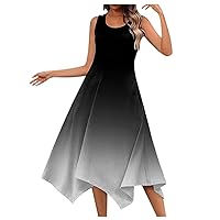 Flowy Dresses Women 2024 Trendy Handkerchief Hem Casual Beach Dress Printed Summer Sleeveless Tank Midi Dress