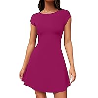 My Orders Summer Mini Dresses for Women 2024 Crewneck Cap Sleeve Dressy Casual a Line Dress Flare Short Sleeve Stretchy Mini Basic Dresses Today Deals Prime(2-Red,Large)