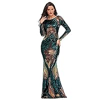 Womens Tulle Mermaid Sequin Long Sleeve Evening Dress Formal Prom Gowns