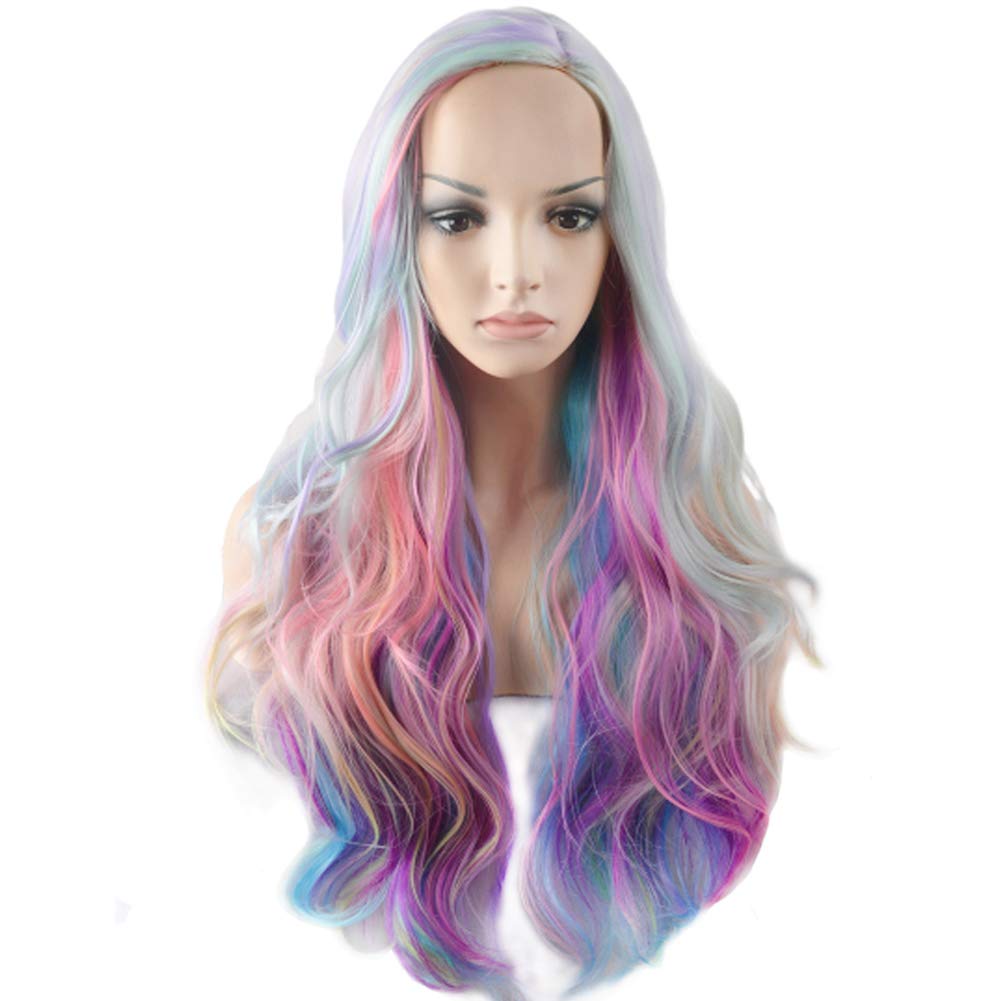 BERON Rainbow Wig Long Curly Wig Multi-Color Wig Charming Full Wigs for Cosplay Girls Party or Daily Use Wig Cap Included