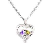 925 Sterling Silver Custom Heart Name Pendant Necklace with Simulated Birthstone for Women(Style 3-20)