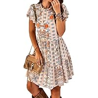 Women's Bohemian Vintage Floral Printed Ethnic Style Crewneck Long Dress Casual Short Sleeve Mini Retro Dresses