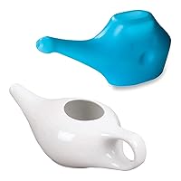 HealthAndYoga™ Classico Neti Pot Ceramic - White Plus QwikFlo Travel Neti Pot - Blue