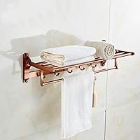 Space Aluminum Towel Rack Towel Rail, Folding Wall Hanging Bathroom Kitchen Double Rack with Five Hooks, Top of The Line Rack Gold/Brown