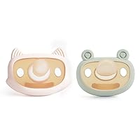 Baby Pacifier Orthodontic Soother, BPA-Free Soft Food Grade Silicone EN1400Approval, Above 3M (2 Count (Pack of 1), Cat Light Pink Round(Day) & Frog Green Flat(Night))