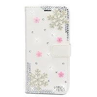 Crystal Wallet Phone Case Compatible with iPhone 13 - Snow - White - 3D Handmade Sparkly Glitter Bling Leather Cover with Screen Protector & Beaded Phone Lanyard
