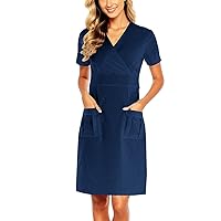 joysale Women's Summer Casual Working Dress Short Sleeve Solid Color Midi Dresses V-Neck Cocktail Dress with Pockets