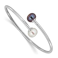 925 Sterling Silver Rhodium Plated 9 10mm Black White Freshwater Cultured Pearl Flexible Cuff Stackable Bangle Bracelet Jewelry Gifts for Women