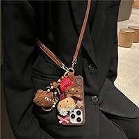 Retro Brown Cute Tanning Cat Phone Protective Case Compatible with iPhones Cute 3D with Cartoon Cat Case Kawaii Leather Belt Lanyard Shockproof Soft Back Case Designed for Women Girls