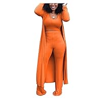 3 Piece Suit for Women's Solid Long Sleeve Open Front Long Coat and Crop Tank Top with Leggings Loungewear