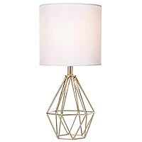 Gold Modern Hollow Out Base Bedroom Small Table Lamp,Bedside Nightstand Lamp with Geometric Metal Base White Fabric Shade,Cute Desk Lamp for Kids Living Room