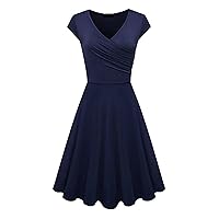 Women Ruched Wrap V Neck Cap Sleeve Vintage 1950s Cocktail Dresses Solid A-Line Swing Dress Plus Size Tea Party Dress