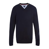 Tommy Hilfiger Little Long Sleeve Boys V-Neck Sweater, Kids School Uniform Clothes, Pullover, Navy, 7