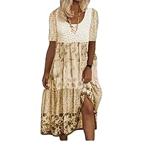 Boho Floral Midi Dress for Women Patchwork Sleeveless Crew Neck Summer Casual Loose Flowy Tiered Dress Plus Size