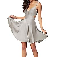 Women's Satin Short Homecoming Dress V-Neck A Line Cocktail Dresses