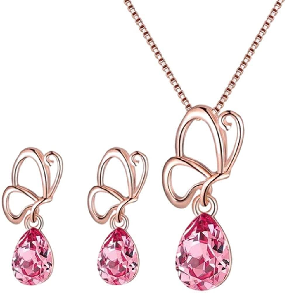 Crystal Necklace Earrings Set Rose Gold Drop Shaped Pendant Necklace Crystal Necklace And Earring Set Jewellery Sets For Women Girls 40X2.4X1 cm