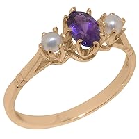 Solid 18k Gold Natural Amethyst & Cultured Pearl Womens Ring (Yellow, Rose, White Gold options) - Sizes 4 to 12 Available