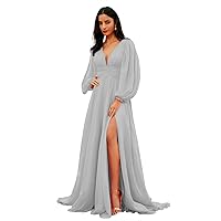 Women V-Neck Chiffon Bridesmaid Dresses Pleated Elegant Long Sleeve Formal Prom Gown with Slit for Wedding Guest