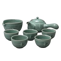 Korean Style Celadon Porcelain Crane Bird Cloud Design Tea Ceremony Complete Service Gift Set Ceramic Pottery 11.8 oz (350ml) Side Handle Tea Pot Cups Teapot Pitcher Bowl for Cooling Hot Water