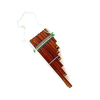 Natural Bamboo Wooden Pan Flute Pipe with Multicolored Tribal Print Woven Cotton Strap - Handmade Woodwind Gifts Peruvian Musical Instrument (Large)