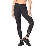 2XU Women's Force Mid-Rise Compression Tights with Flat-Wide Waistband for Training and Fitness, Black/Gold, Small