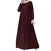 Womens Abaya Long Sleeve Muslim Dress Casual Kaftan Elegant Pleated Skirt Solid Color Round Neck Prayer Clothes