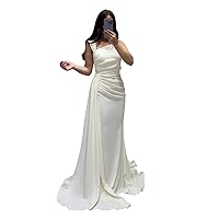Women's One Shoulder Beaded Prom Dresses Long with Train Pleated Satin Mermaid Wedding Dress