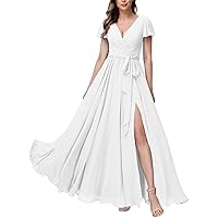 Women's Short Sleeve Prom Dress Long V Neck Chiffon A-line Bridesmaid Dress