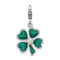 Ss Amore La Vita Rhodium Plated Enameled Green Clover Freshwater Cultured Pearl Charm Pendant Necklace Measures 26.5x16.1mm Wide Jewelry for Women