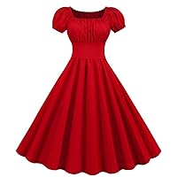 1950s Vintage Dress for Women Retro Rockabilly Prom Dresses Short Sleeve Square Collar Flared Cocktail Swing Dress