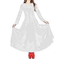 Women Long Dress Vinyl PVC Leather Full Sleeve O-Neck Casual Pleated Dresses High Waist Solid Loose Dress