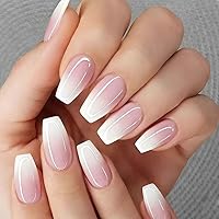 Pink Press on Nails Medium Coffin Fake Nails Acrylic Glossy White Gradient False Nail Tips Artificial Finger Manicure for Women and Girls,24pcs